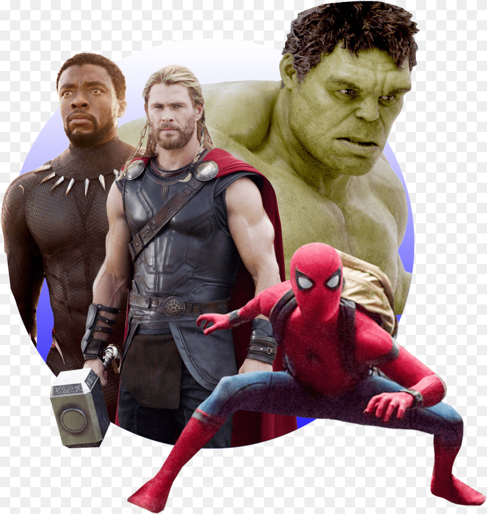 Photo Illustration Of Black Panther Thor The Hulk And Stan Lee Most Famous Characters, Person, Clothing, Costume, Adult Png