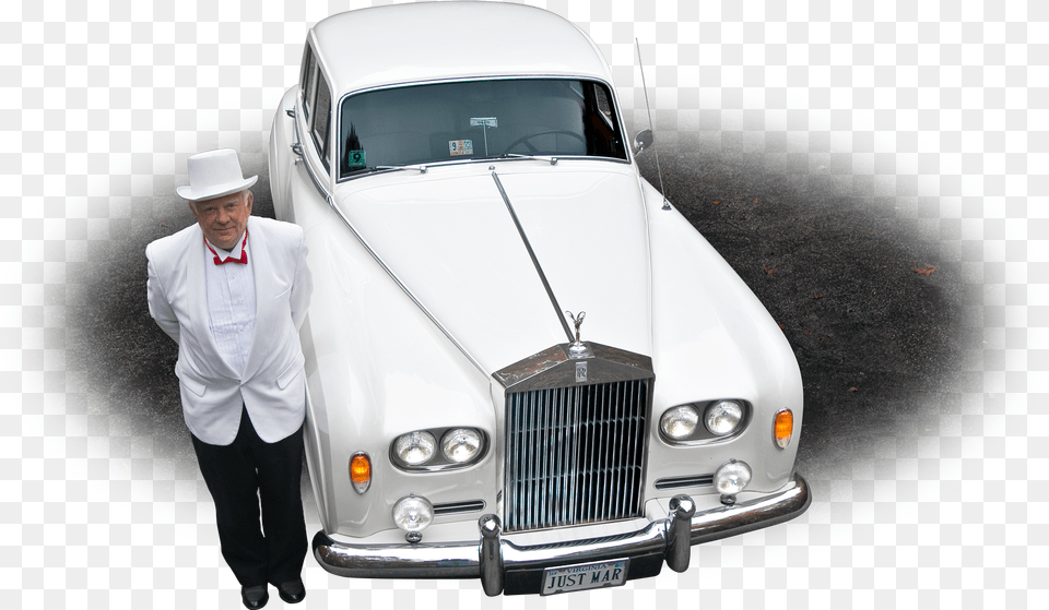 Photo Of A Chauffeur In Front Of A White 1964 Rolls Royce Antique Car, Adult, Man, Person, Shirt Free Png Download