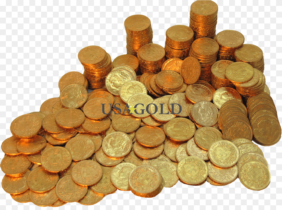 Photo Of Large Pile Of Swiss 20 Franc Helvetia Gold Cash, Treasure, Bronze, Coin, Money Free Transparent Png