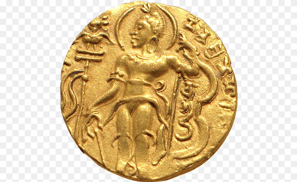 Photo Of Old Indian Gold Coin Coin From The Reign Of Chandragupta Ii Showing An Archer, Person, Head, Gold Medal, Trophy Png Image