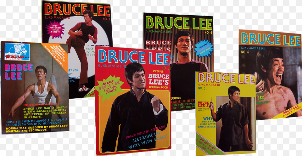Photograph Of A Set Of Bruce Lee Amp Jkd Magazines Kung Fu, Advertisement, Poster, Adult, Person Png
