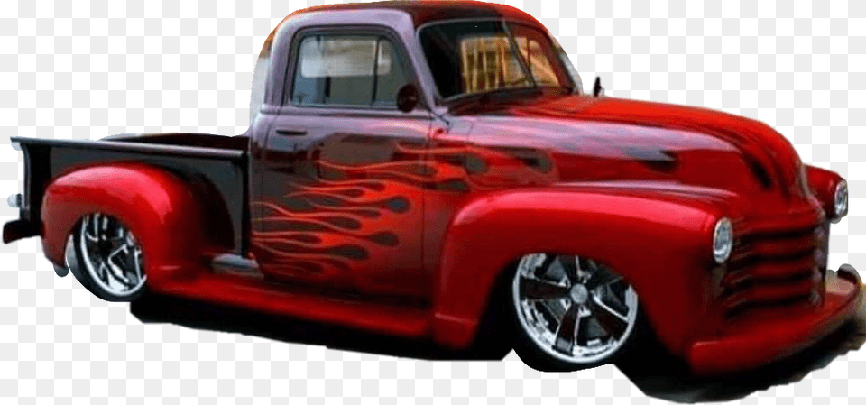 Pickup Truck Hotrod Flames Red Black Chromewheels Classic Chevy Trucks Customized, Pickup Truck, Transportation, Vehicle, Car Png Image