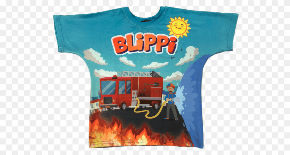 Picture 1 Of Blippi Fire Truck Shirt, Clothing, T-shirt, Person, Machine Free Transparent Png
