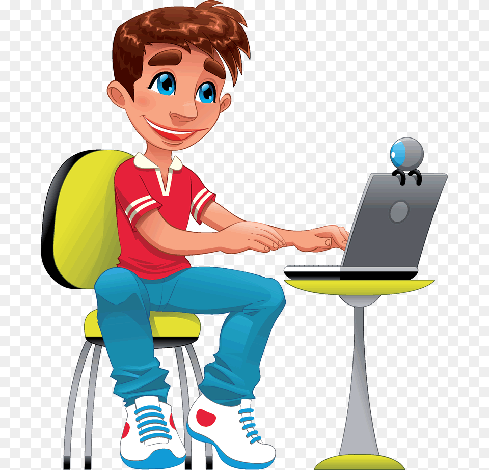 Picture Black And White Laptop Monitors Personal Clip Cartoon Boy On Computer, Sitting, Person, Pc, Male Free Transparent Png