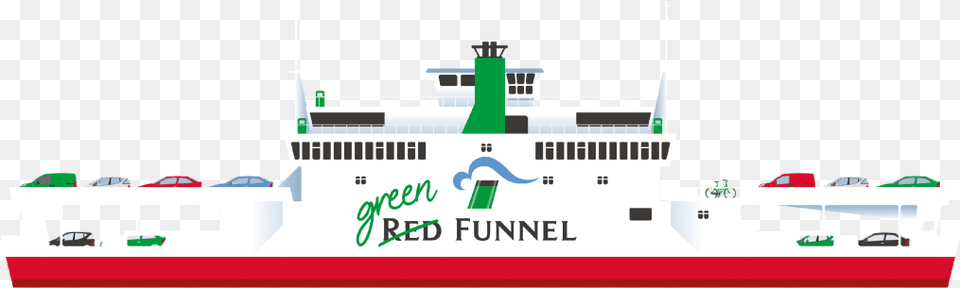 Picture Of A Red Funnel Ferry With Green Red Goes Green Funnel, Boat, Transportation, Vehicle, Watercraft Png Image