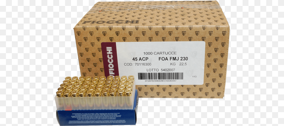 Picture Of Fiocchi 45acp 230gr Fmj Ammo Carton, Ammunition, Weapon, Bullet Png Image