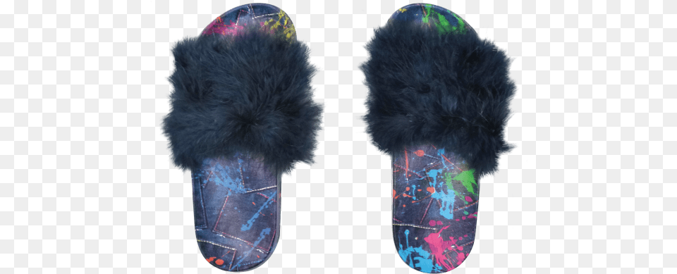 Picture Of Paint Splatter Denim Fur Slides Slide, Clothing, Footwear, Shoe, Adult Free Png Download