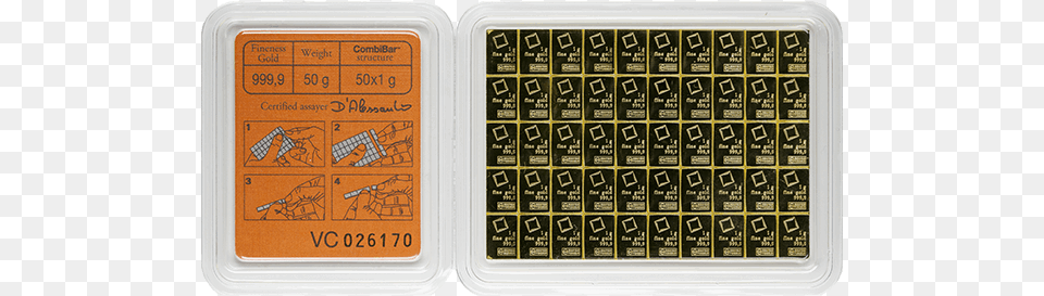 Picture Of Valcambi 50 Gram Gold Bar Valcambi Gold Bar, Scoreboard, Text, Paper Png