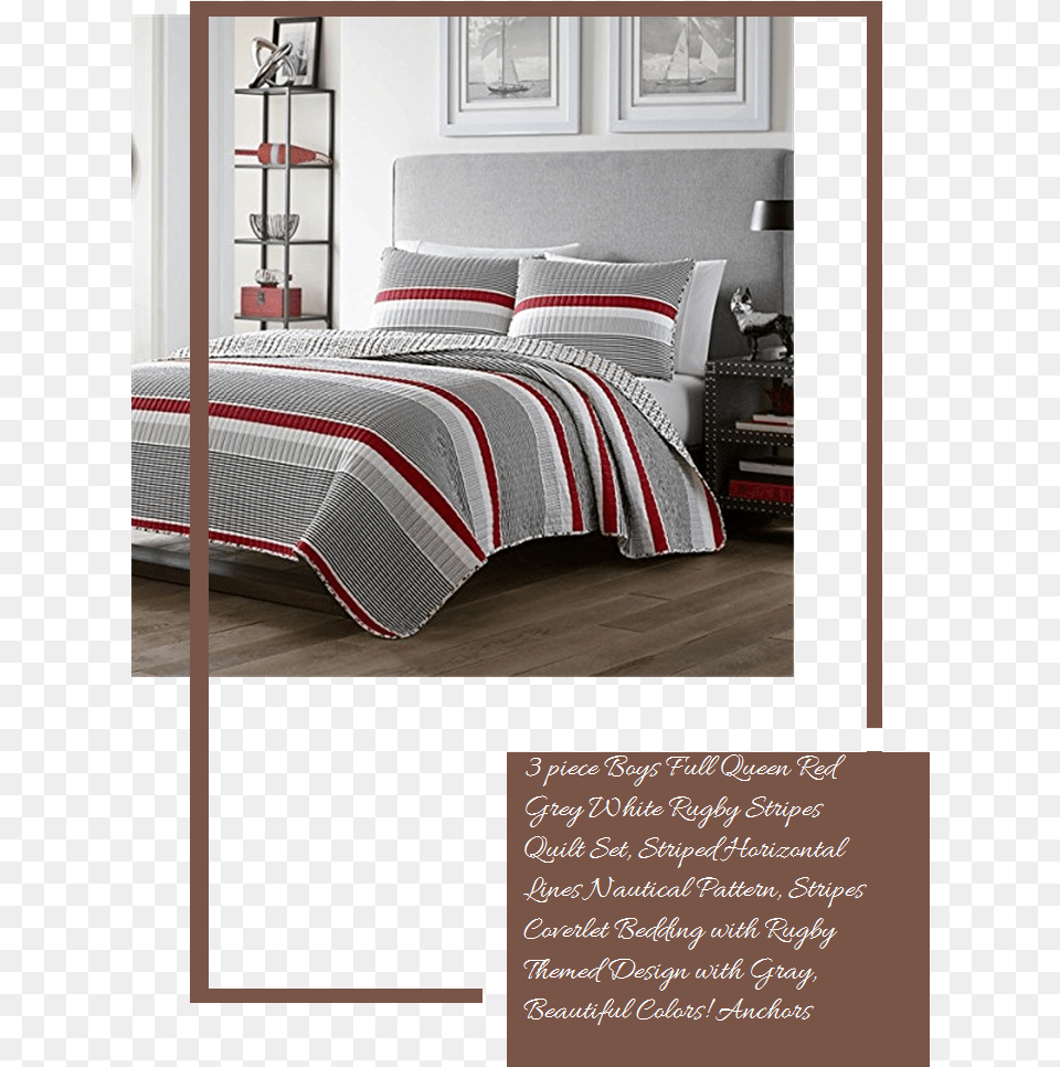 Piece Boys Full Queen Red Grey White Rugby Stripes, Bed, Furniture, Indoors, Interior Design Png Image