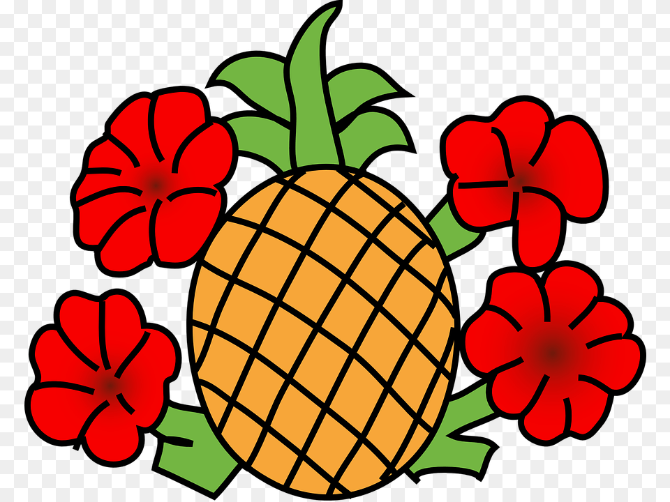 Pineapple Flowers Red Hawaii Colorful Hawaiian Fruits Clipart Black And White, Food, Fruit, Plant, Produce Png Image