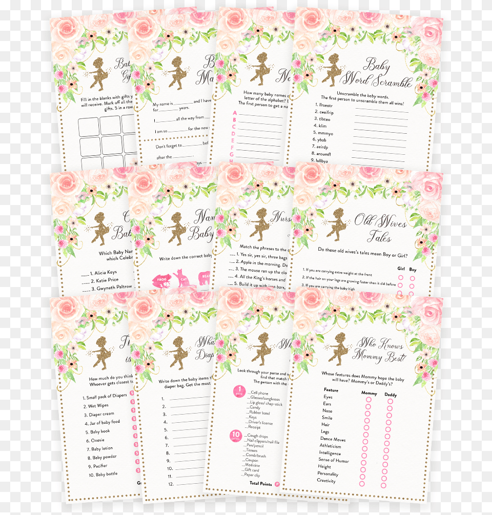 Pink And Gold Floral Tutu Ballerina Baby Shower Game Paper, Page, Text, Person Png Image