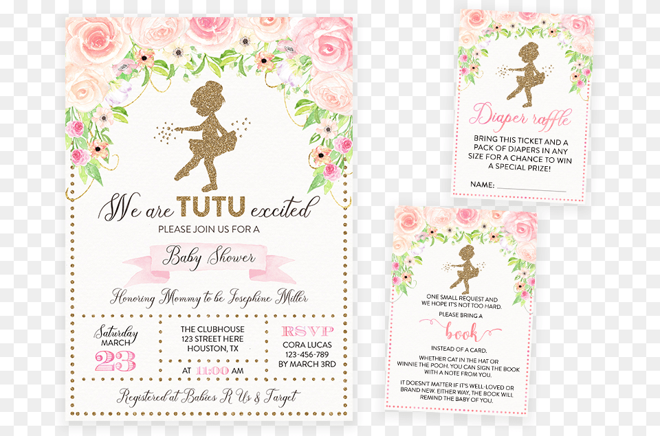 Pink And Gold Floral Tutu Ballerina Baby Shower Invitation Ballerina Baby Shower Invitations, Advertisement, Poster, Person, Text Png Image