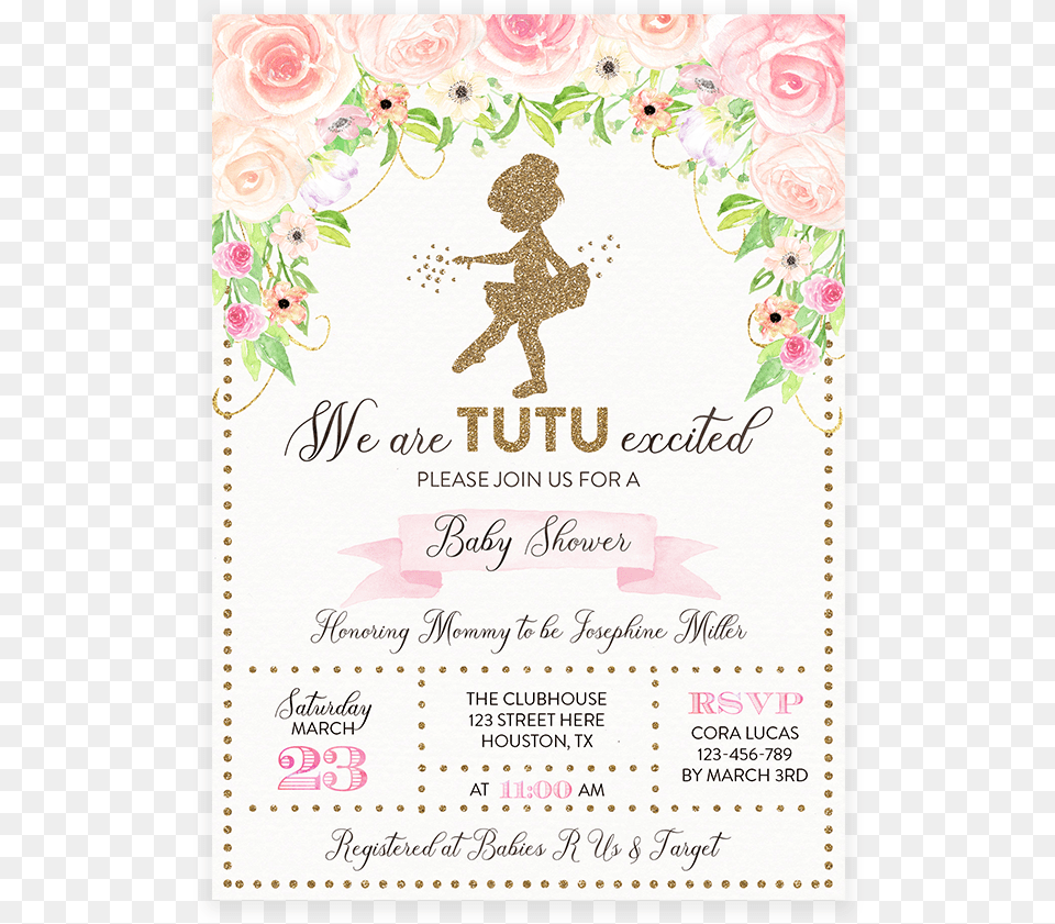 Pink And Gold Floral Tutu Ballerina Baby Shower Invitation Ballerina Baby Shower Invite, Mail, Envelope, Greeting Card, Person Png Image
