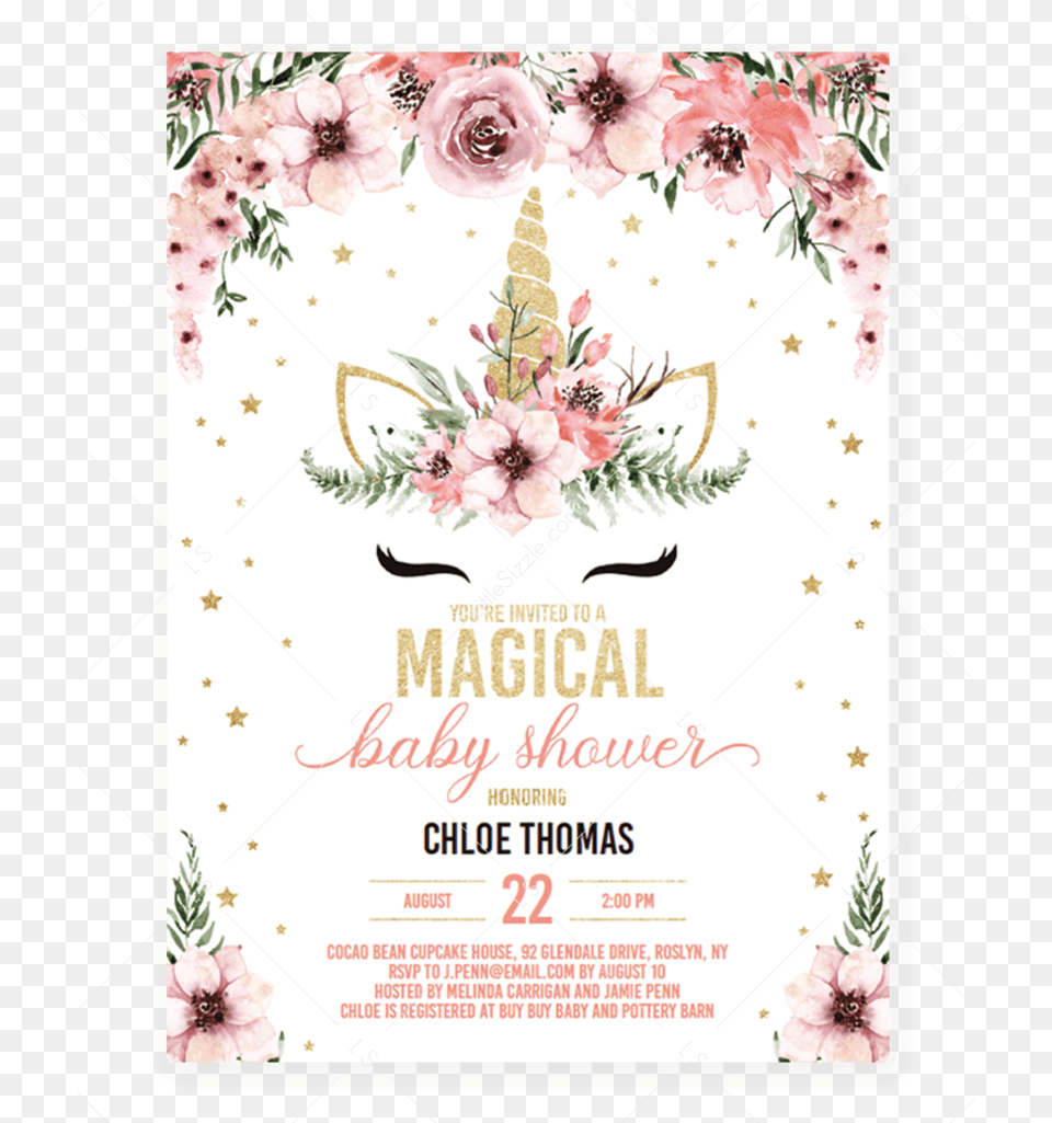 Pink And Gold Unicorn Baby Shower Unicorn Baby Shower Invitations, Advertisement, Poster, Flower, Plant Png Image