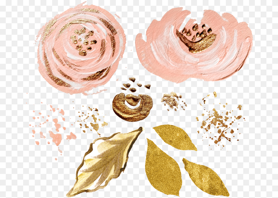 Pink And Gold Watercolor Rose Gold Flower, Leaf, Plant, Food Png Image