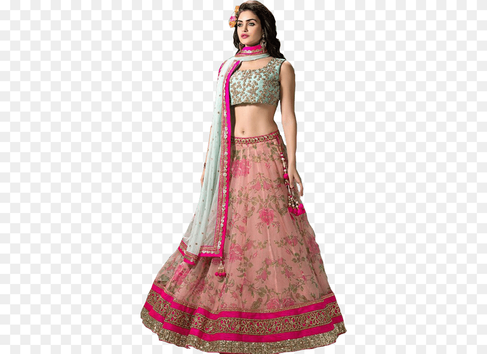 Pink And Sky Blue Lehenga, Clothing, Dress, Formal Wear, Blouse Png Image