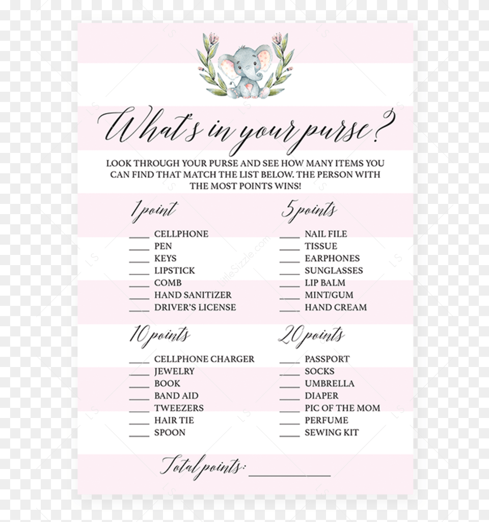 Pink Baby Shower Game What39s In Your Purse Printable, Text, Menu Png