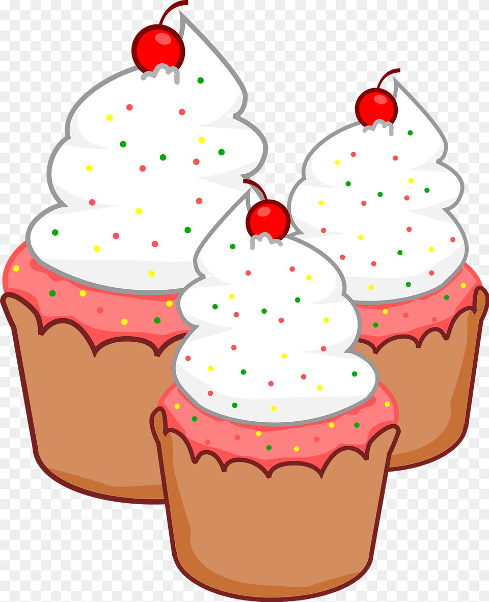 Pink Cupcakes With White Frosting And Cherries On Top Clipart, Cake, Cream, Cupcake, Dessert Png