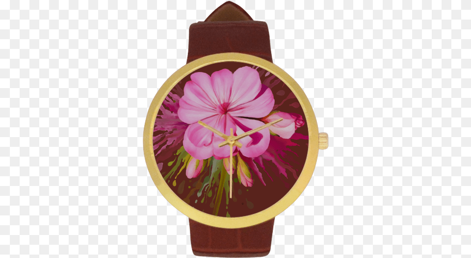 Pink Flower Color Splash Watercolor Women S Golden Leather, Arm, Body Part, Person, Wristwatch Png Image