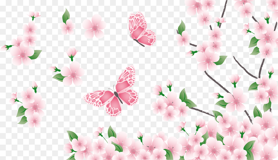 Pink Flowers And Butterflies, Flower, Petal, Plant, Cherry Blossom Free Png