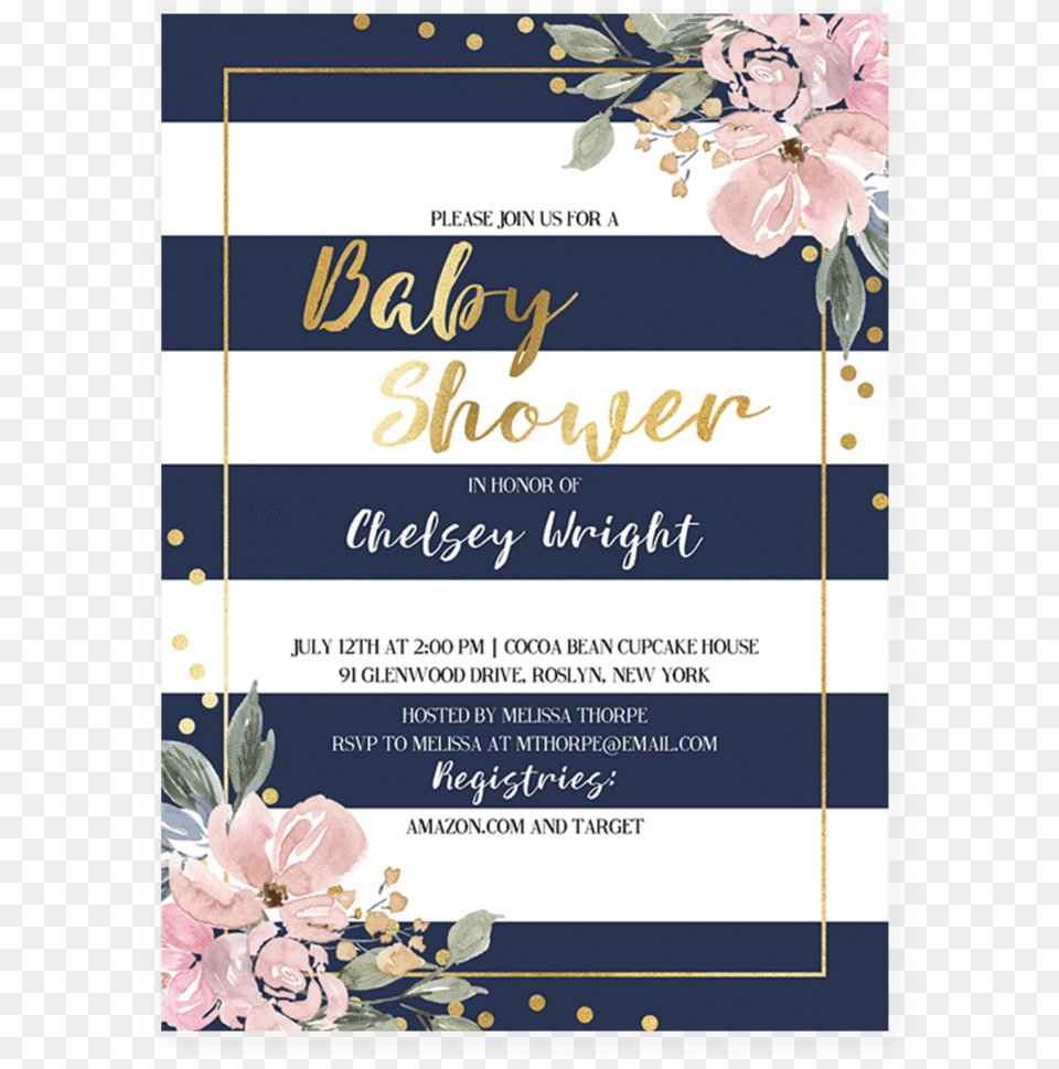 Pink Gold And Navy Baby Shower Invitation With Florals Navy Blue Pink And Gold, Advertisement, Poster Free Png