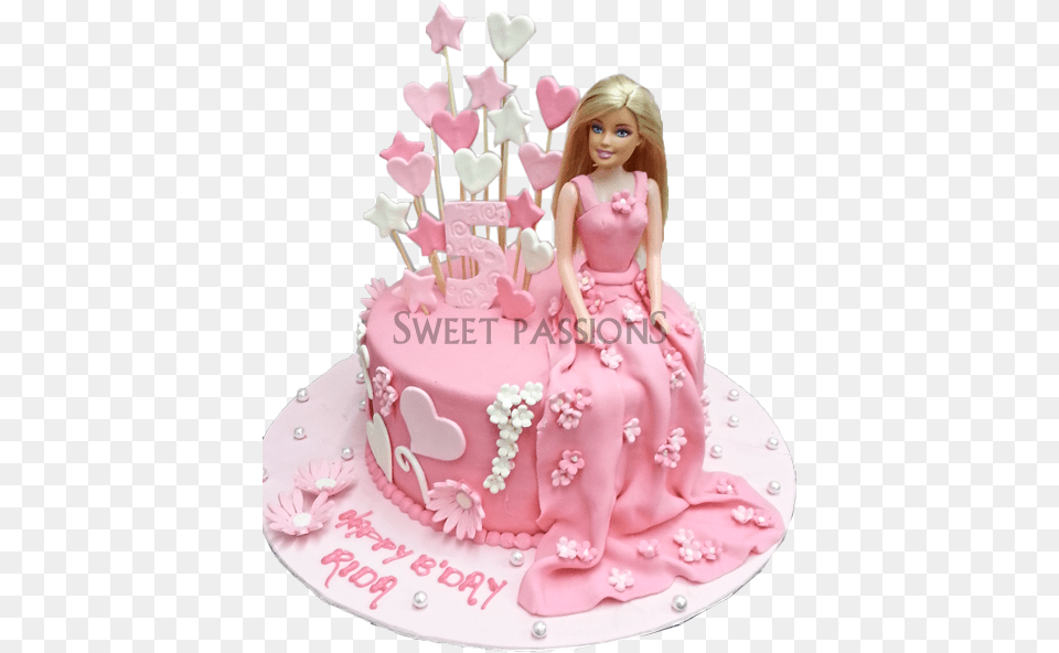 Pink Gown Barbie Stars Barbie Birthday Cake, Birthday Cake, Cream, Dessert, Food Png