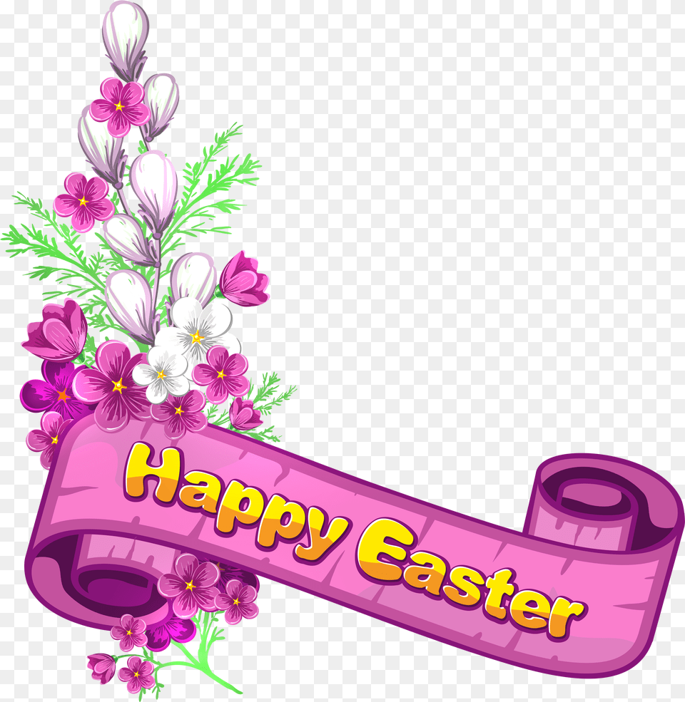 Pink Happy Easter Banner And Flowers Religious Happy Easter Banner, Art, Floral Design, Graphics, Pattern Png
