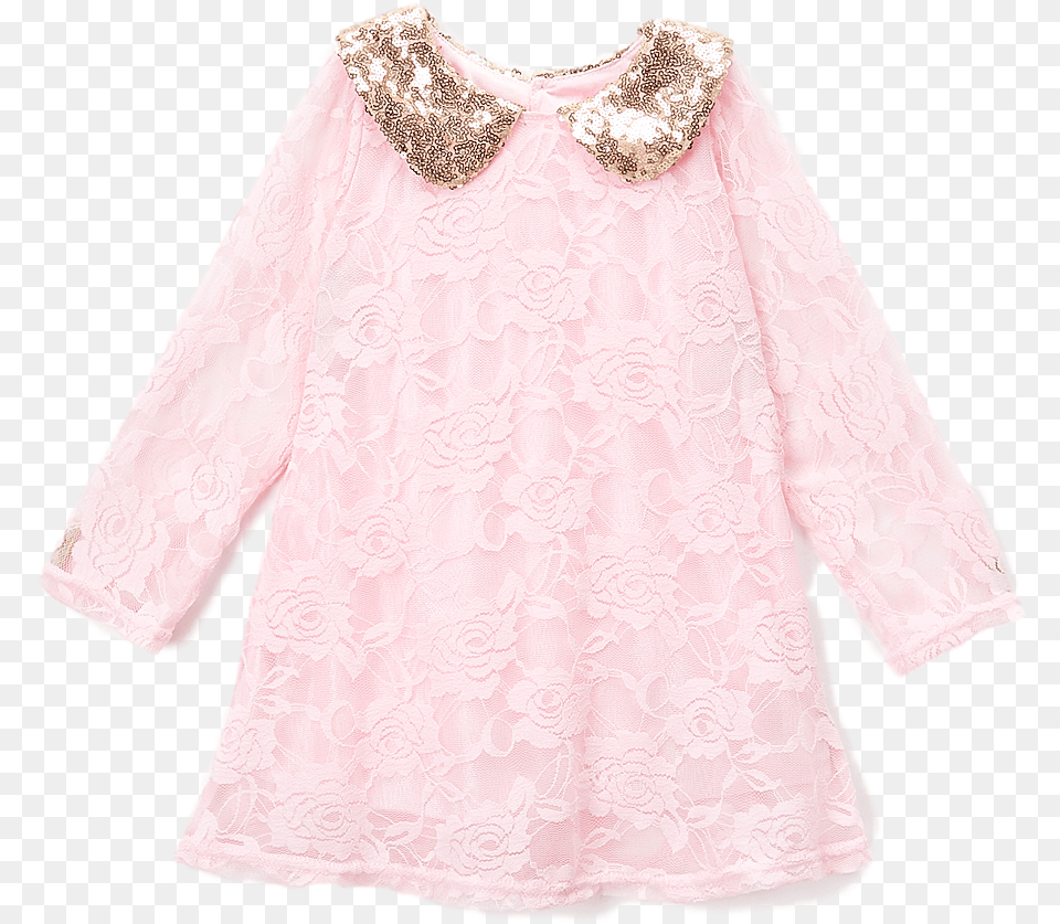 Pink Lace Glitter Collared Shift Dress Long Sleeve, Blouse, Clothing, Long Sleeve, Fashion Png Image