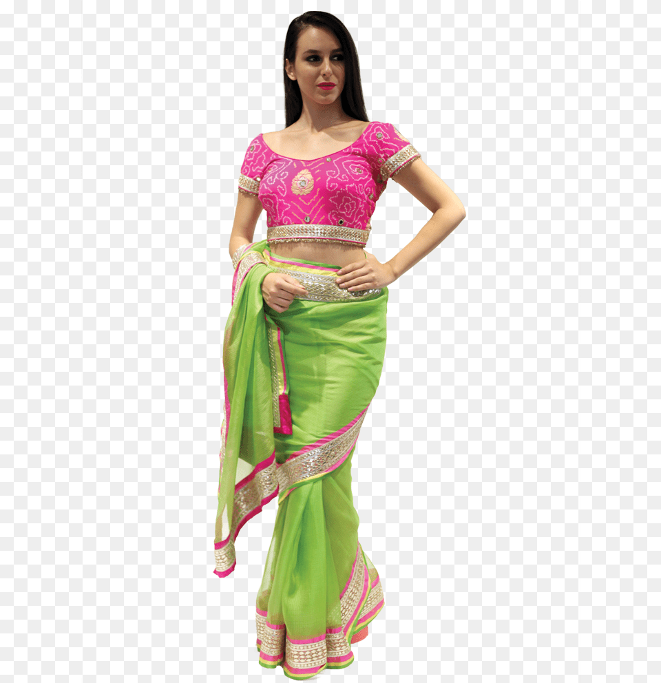 Pink N Green Saree Blouse With Green Saree, Adult, Person, Woman, Female Free Png Download