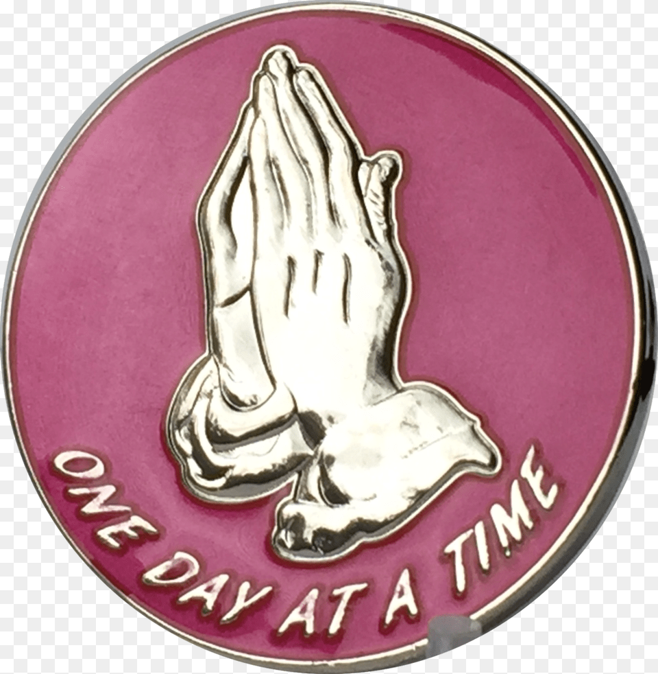 Pink Silver Plated Praying Hands One Day At A Time Emblem, Badge, Logo, Symbol, Person Free Transparent Png