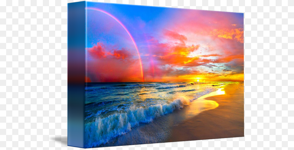 Pink Sunset Beach With Rainbow And Ocean Waves By Eszra Paintings Of Sunsets Over The Ocean, Sky, Shoreline, Sea, Scenery Free Png