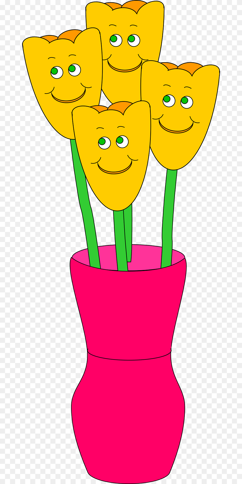 Pink Vase Of Yellow Tulips With Faces Clipart, Pottery, Jar, Potted Plant, Plant Free Transparent Png