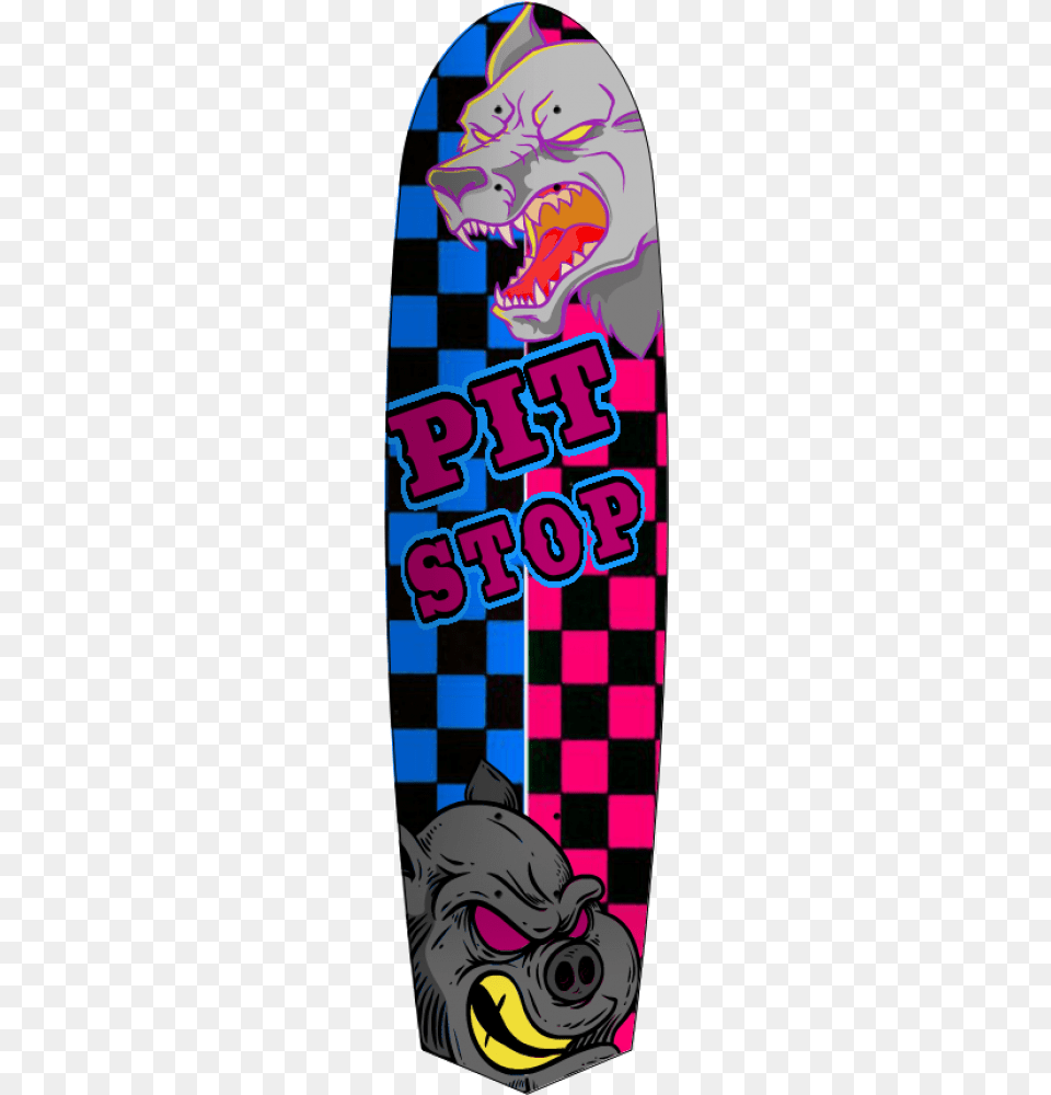Pit Stop Long Board Pink And Blue Wolf And Pig Deck Skateboard Deck, Water, Surfing, Sport, Leisure Activities Free Png Download