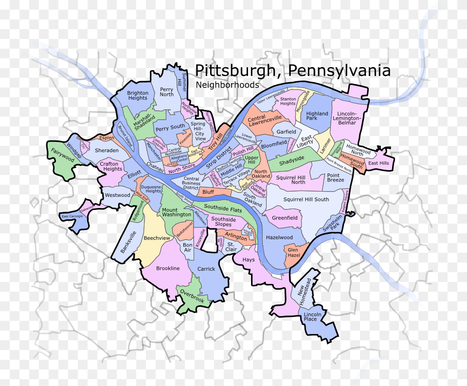 Pittsburgh Pennsylvania Neighborhoods Fade Map Of Pittsburgh Neighborhoods, Chart, Plot, Atlas, Diagram Png