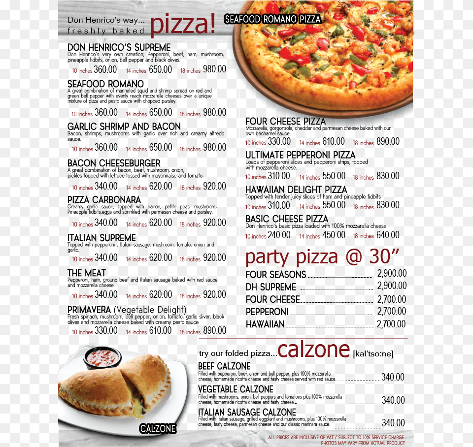 Pizza And Calzone Don Henrico39s Menu Price, Food, Text, Bread Png Image