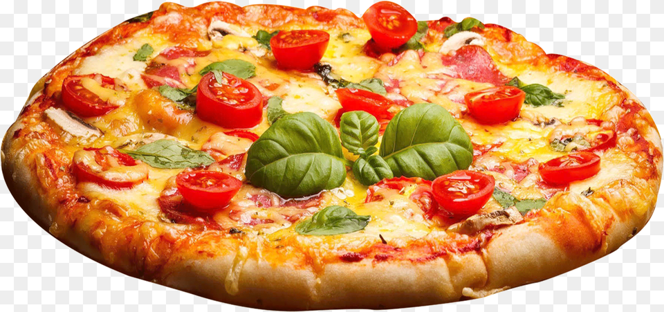 Pizza Margherita Fast Food Garlic Bread Transparent Background Pizza, Food Presentation Png Image