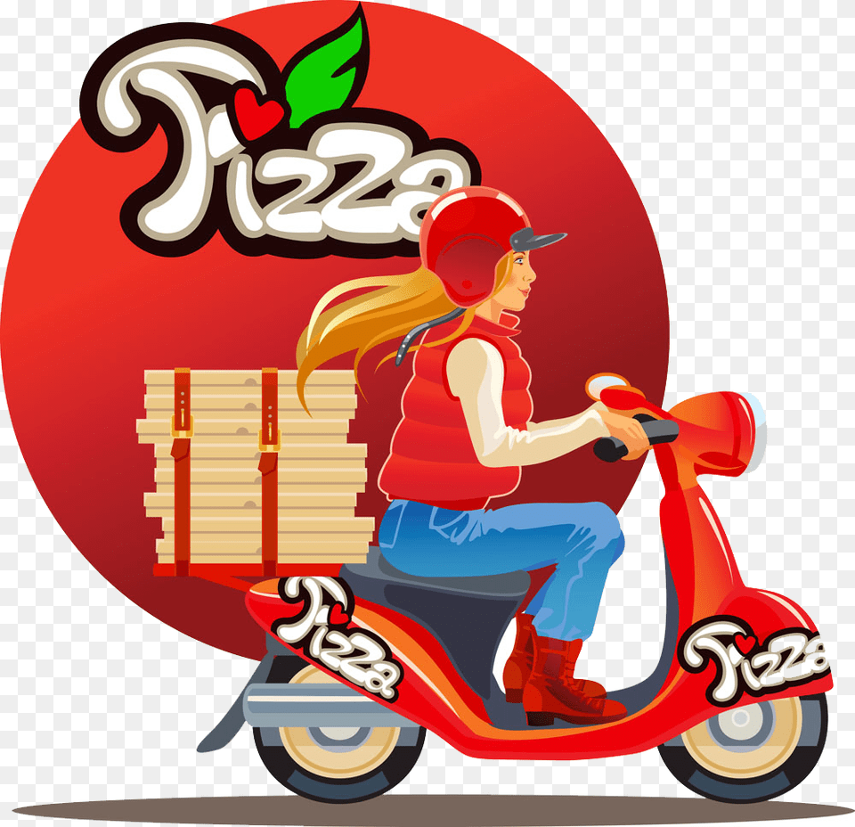 Pizza Motorcycle Beauty Delivery Pizza, Vehicle, Transportation, Scooter, Baby Free Transparent Png