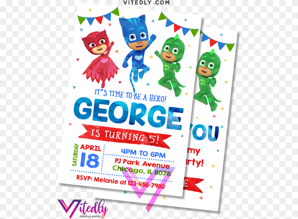 Pj Mask Birthday Invitation With Thank You Card Cartoon, Advertisement, Poster, Baby, Person Free Transparent Png