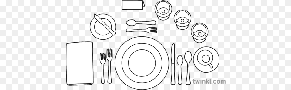 Place Setting Black And White Illustration Twinkl, Cutlery, Fork, Spoon Png Image