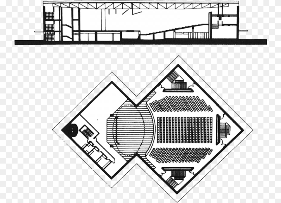 Plan And Section From Tagore Hall Ahmedabad Architecture Plans, Cad Diagram, Diagram, Chart, Plot Free Png