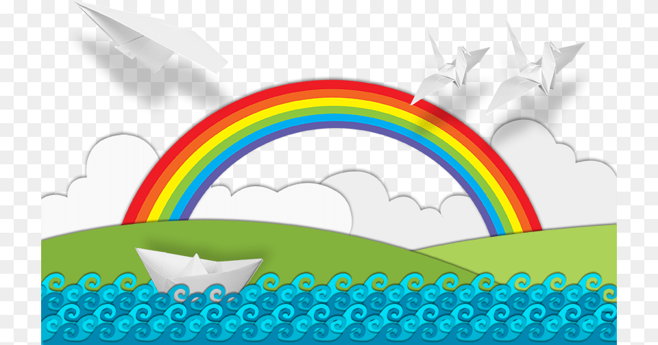 Plane Cartoon With Boat Paper Boat And Rainbow, Art, Graphics, Nature, Outdoors Free Png Download