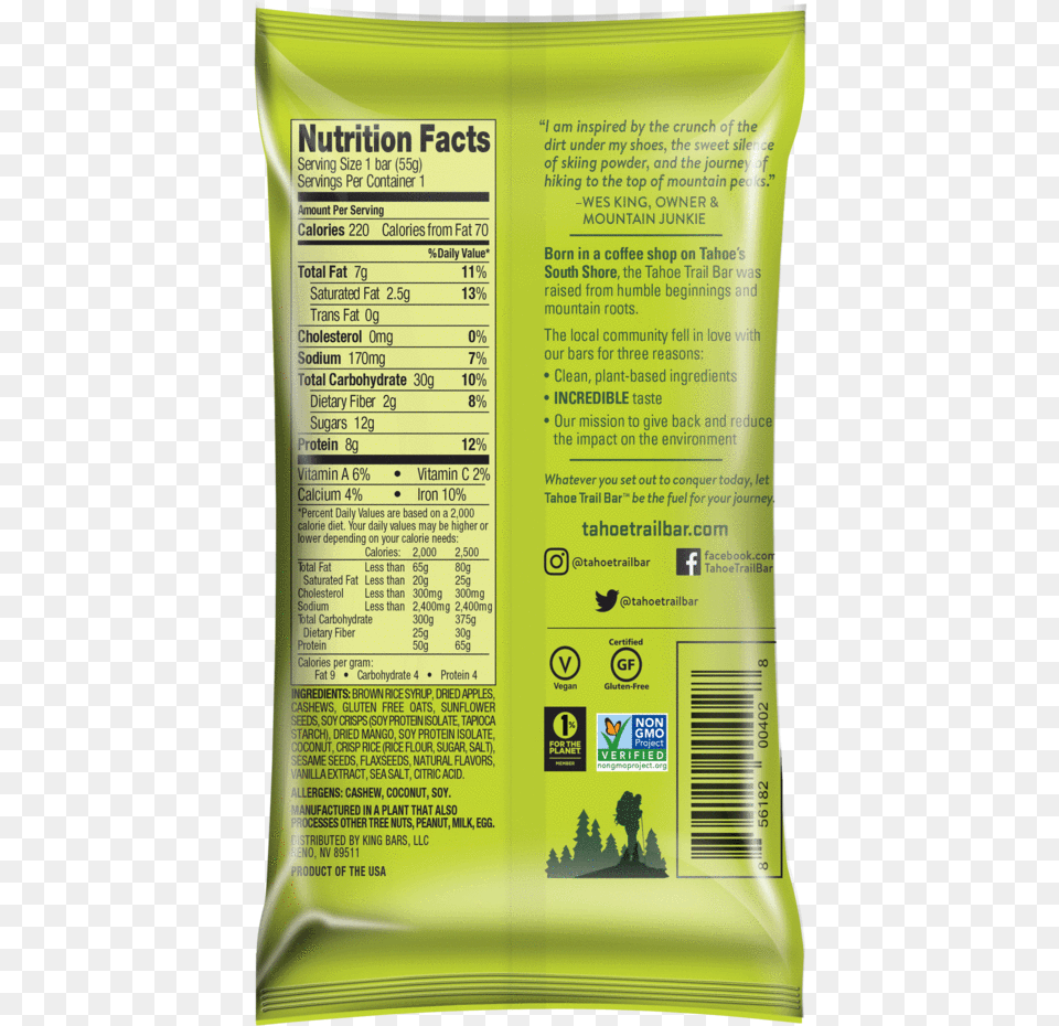 Plant Energy Bars Vegan Gluten U0026 Non Gmo Tahoe Nutrition Facts Label, Book, Publication, Advertisement, Text Png