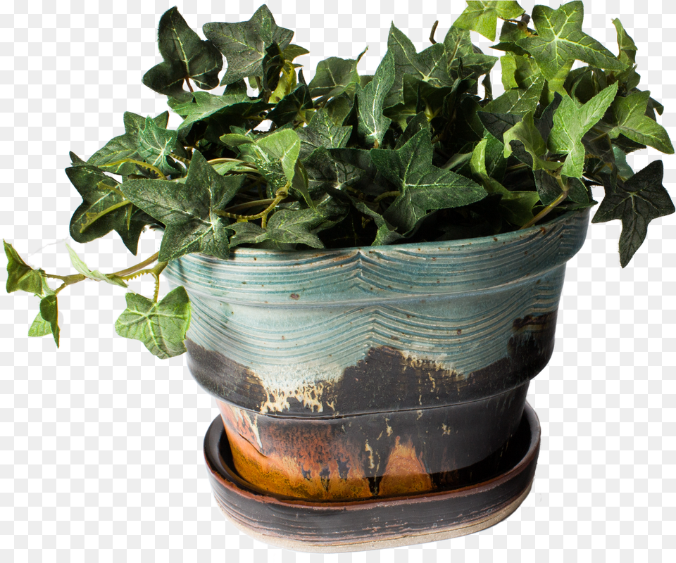 Planter With Plant Turquoise Brown Handmade Pottery Pottery, Leaf, Potted Plant, Ivy, Jar Png