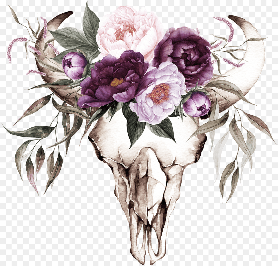 Plum Color Floral Wedding Invitations Cow Skull With Flowers, Art, Flower, Flower Arrangement, Flower Bouquet Free Png Download