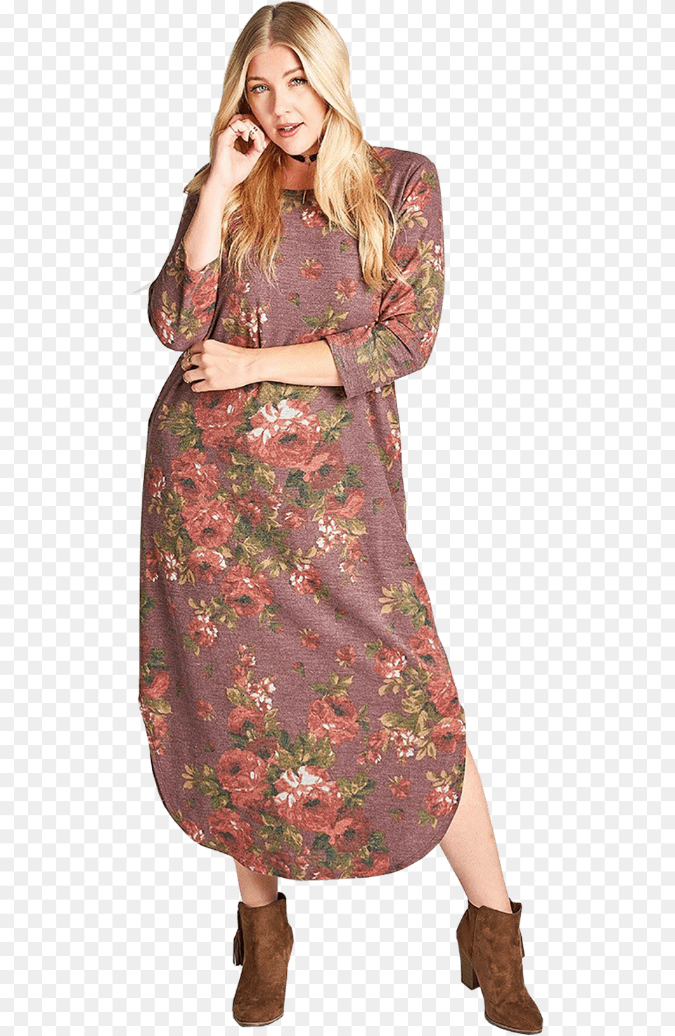 Plus Size 34 Sleeve Dusty Floral Print Knit, Adult, Person, Woman, Female Png Image
