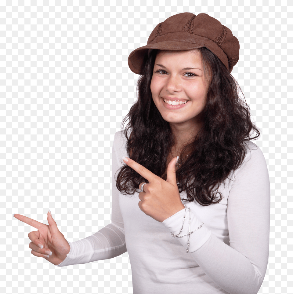 Pngpix Com Beautiful Young Girl Pointing Her Finger Towards Blank Space Image, Person, Body Part, Hat, Clothing Free Png