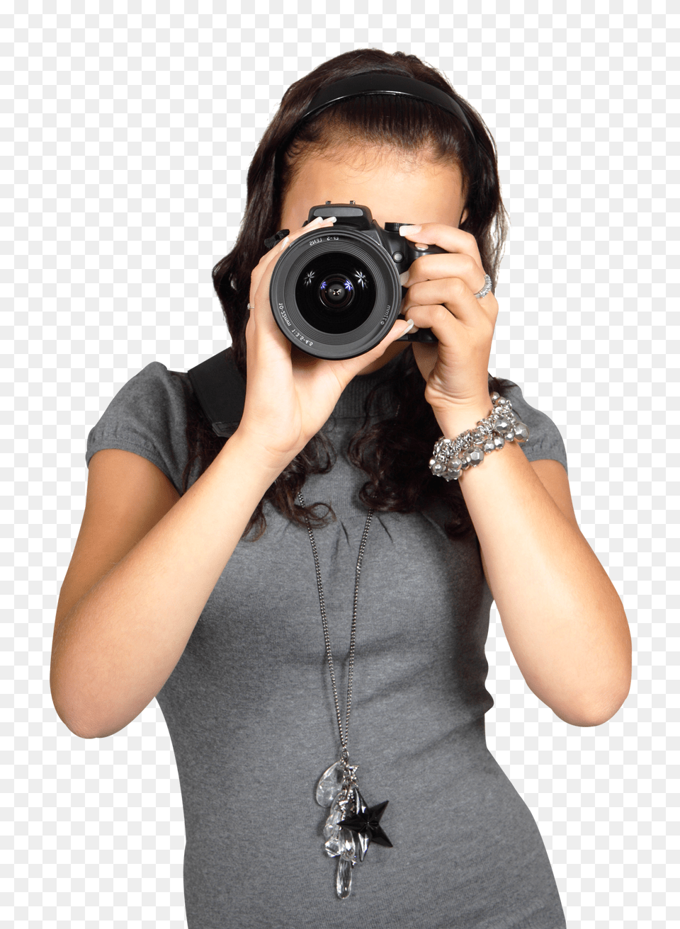 Pngpix Com Cute Young Woman In Gray Dress With Digital Photo Camera Image, Electronics, Photography, Adult, Female Free Transparent Png