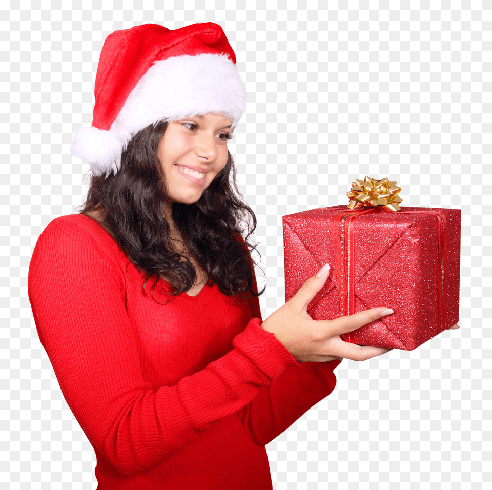 Pngpix Com Girl Wearing Red Santa Claus Hat With Gift Box, Adult, Female, Person, Woman Free Png