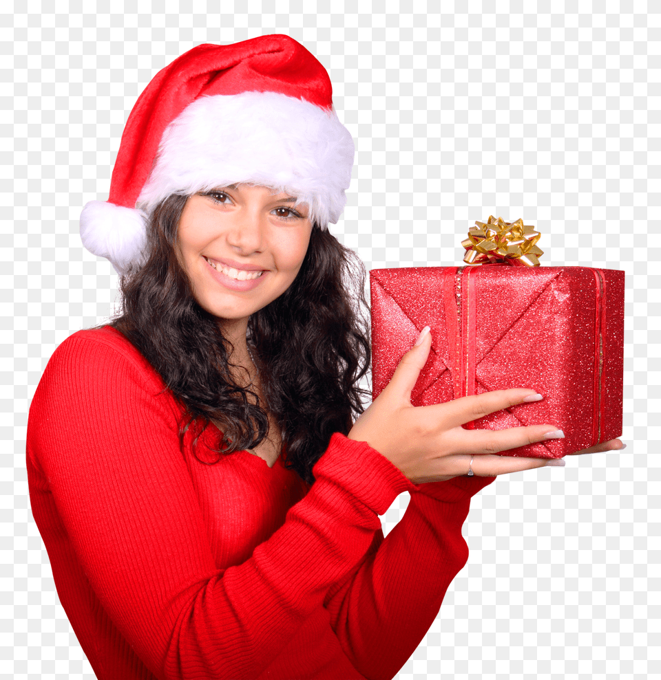 Pngpix Com Girl With Red Santa Claus Hat Holding Gift Box Image, Adult, Female, Person, Woman Free Transparent Png