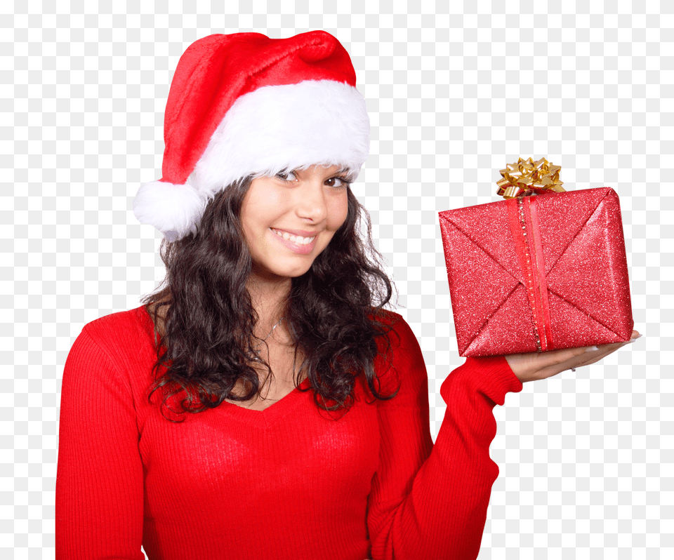 Pngpix Com Smiling Woman In Red Santa Claus Hat With Gift Box Image, Adult, Female, Person, Face Free Png